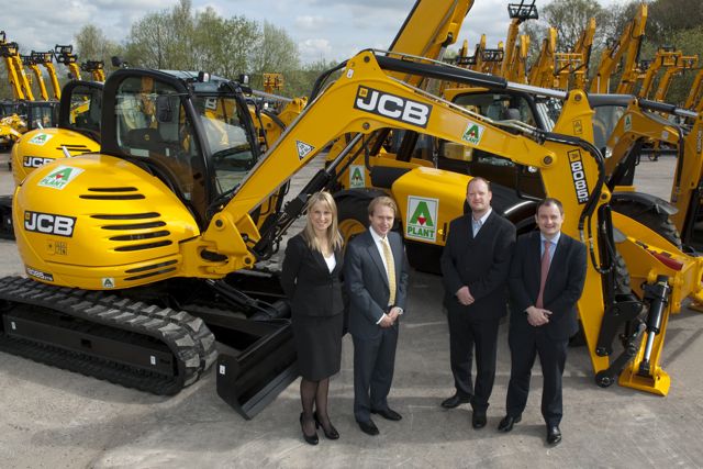 (L-R) JCB UK and Ireland sales director Yvette Henshall-Bell; Jo Bamford JCB Compact Products MD; A-Plant procurement director Andrew Winlow and Tom Greenshields, Greenshields JCB Group aftermarket director.