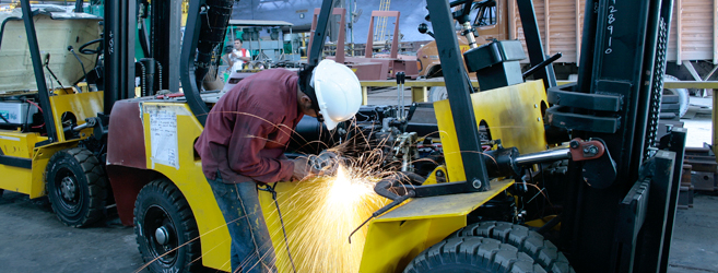 Forklift undergoing refurbishment at Volta's workshop. Image courtesy of Volta Forklifts,India.