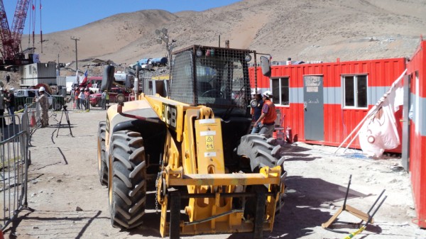 The JCB 531-70 Loadall telescopic handler at the San Jose mine after delivering the rescue capsule.
