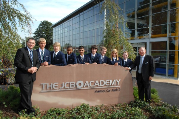 JCB chairman Sir Anthony Bamford (far right) pictured with (far left) JCB Academy Principal Jim Wade and some of the new students.