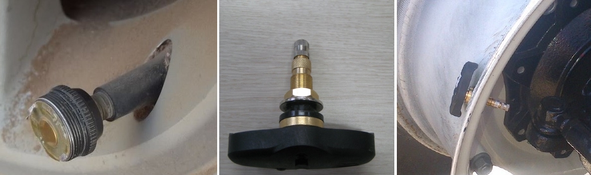 L to R: Damaged valve cap end sensor, valve mounted sensor;  sensor installed on rim
