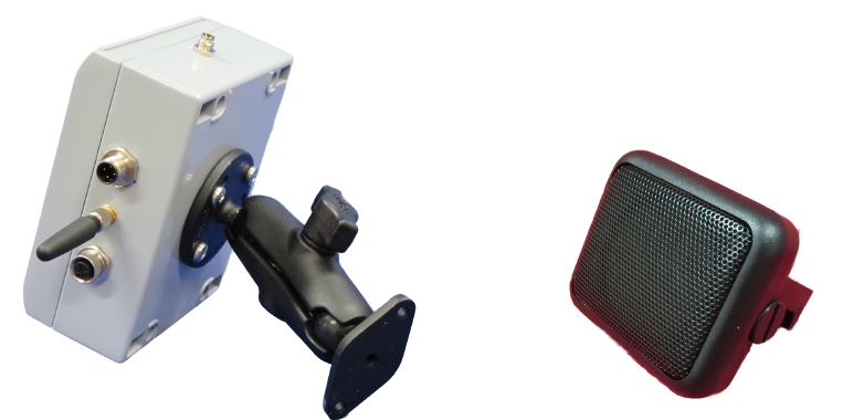 Left to right: 360 Degree Pivot mounting option for Cab Alert (mounting option is available for the Sensor unit); Cab Alert Speaker