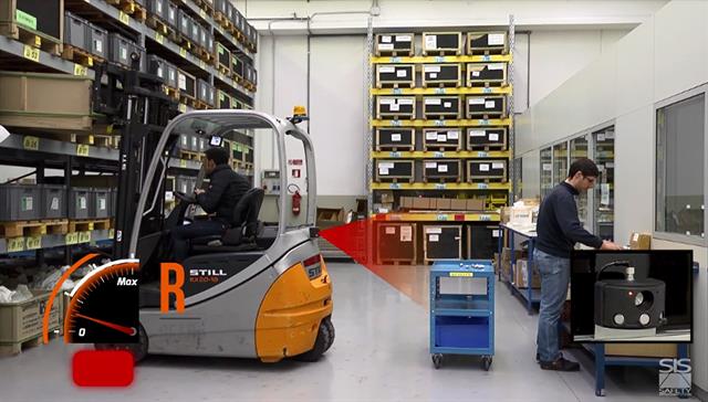 Forklift truck slows down and blocks