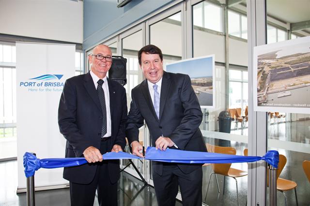 Port of Brisbane Corporation chairman, David Harrison, and deputy premier Paul Lucas, cutting the ribbon at the recent commissioning of Brisbane's new wharf.