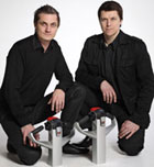 Rocla's in-house industrial designers Petteri Masalin and Kero Uusitalo with the award-winning tiller arms.
