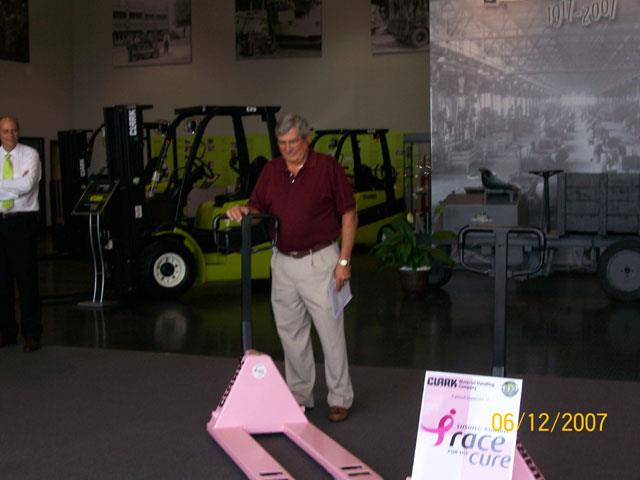 Larry Rush with his pink pallet jack