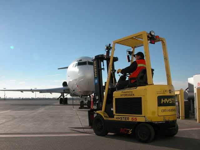 FedEx employee on Hyster forklift at Toronto airport.