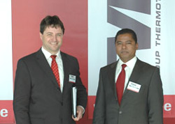 TVH business development manager Peter Louwagie with Madagascan presidential candidate Monja Roindefo.