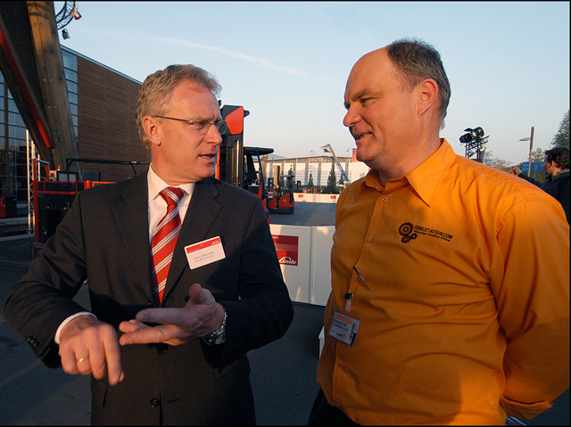 Georg Silbermann with Forkliftaction.com executive director Michael Leu at CeMAT 2005.