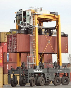 Liebherr straddle carrier in action at Peel Ports (The Port of Liverpool, United Kingdom).