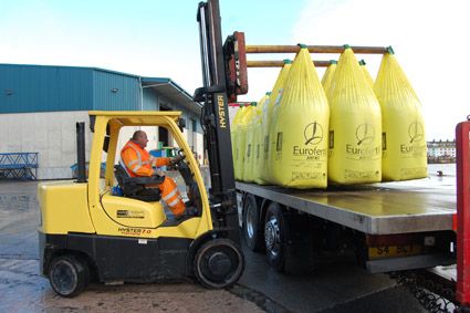 The Hyster forklift is used to transport bags from the warehouse to lorries for distribution to suppliers and farmers.