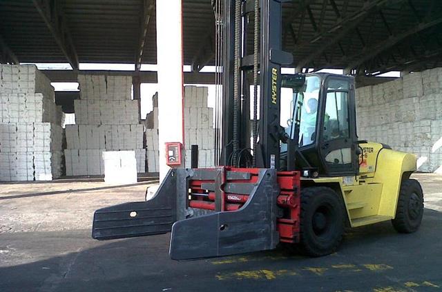 The Bolzoni Auramo clamps attached to Hyster forklifts will handle pulp bales.