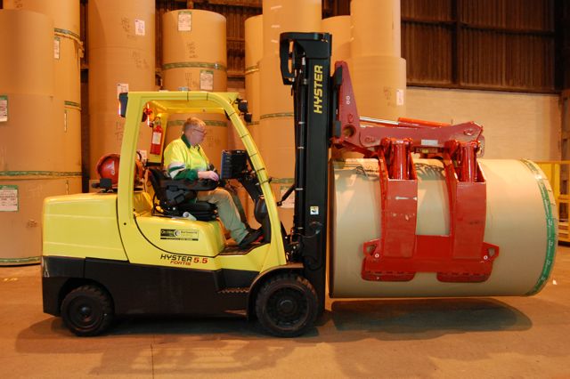 A Hyster Fortens forklift fitted with a paper clamp at Saica Pack's Milngavie site.