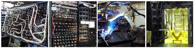 Hoist's quality improvements from left to right: Electronic wiring board, Wire harness testing, Welding robot, Powder coating line.