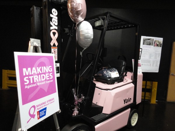 Barclay Brand Ferdon supports National Breast Cancer Awareness month with its pink forklift display.