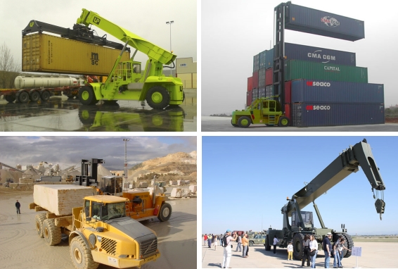 Clockwise from top: Reach Stacker, 14 tons Forklift, 60 tons Forklift loading marble, NATO Airfield demo.