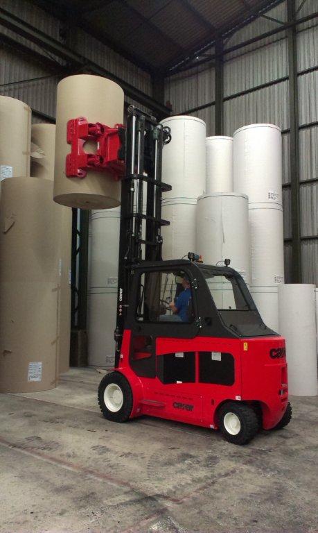 AR-45RJ0-15 paper roll clamp installed on Carer 8 ton electric fork lift trucks Z80H model <br />- Click for larger view