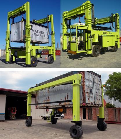 (Top) High-speed 2-high straddle equipped with telescoping masts<br />(Bottom) Open-ended straddles for ultra-low height clearances - Click for larger view