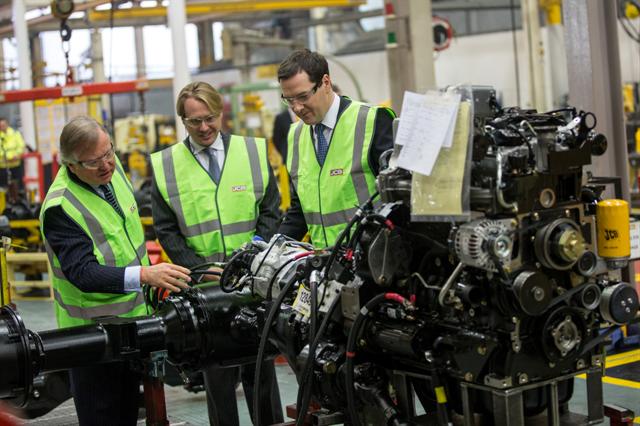 (L-R) JCB chairman Lord Bamford, JCB Compact Products managing director Jo Bamford and George Osborne