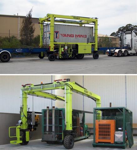 TOP: Standard 1-high straddle configuration for flexible, low-cost container handling. BOTTOM: Open-ended straddle configured for ultra-low height clearances. Click for larger view.