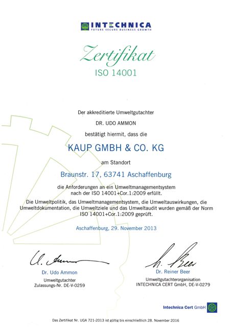 KAUP is certified for its environmental management according to DIN EN ISO 14001.