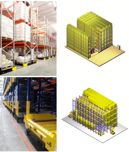 Top: Mobile pallet racking <br />Bottom: Channel Storage (Schaefer Orbiter System-SOS).