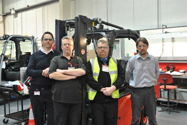 (L-R) Darren Boiling, global after-sales manager, Pyroban; Sean Urry, fitter, Pyroban; Martin Cooper, product support, Linde Materials Handling; Steven Fletcher, applications engineer, Pyroban.