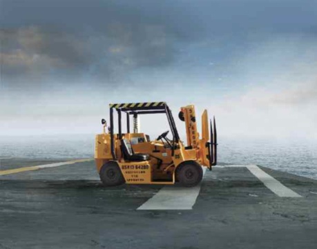 A compact Manitex forklift for shipboard use