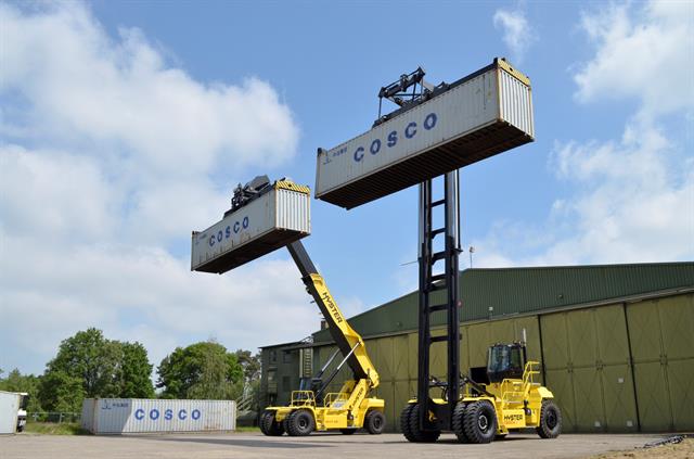 Hyster demonstrated laden and empty container handlers used in ports and terminals.