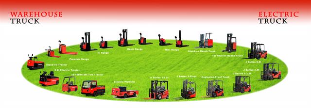 Hangcha's full range of electric trucks. Click for larger view.