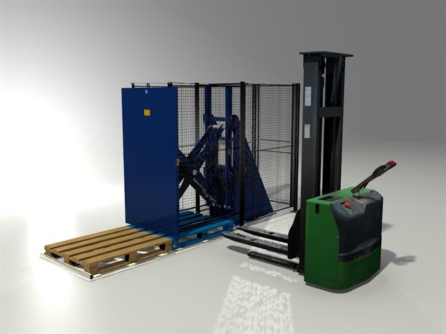 The Stationary Pallet Changer, for transferring goods from wooden pallets to plastic pallets or vice-versa. Click for larger view