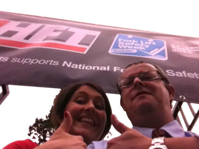 Zoe Ferriday and Arthur Hossack from HFT Forklifts celebrate the company's Safety Competition 2014 in Hereford.
