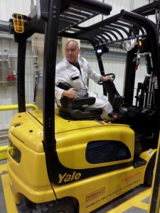The modified Yale trucks are configured to use a small lithium-ion battery which partners with the fuel cell to ensure that the battery remains charged.
