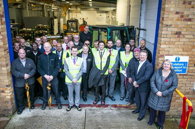 Members of the Pyroban team and the Institution of Mechanical Engineers gathered at the entrance of 'Unit 23' with Mark Hunt, president of the Institution of Mechanical Engineers and John Balkema, general manager of the Pyroban Group.