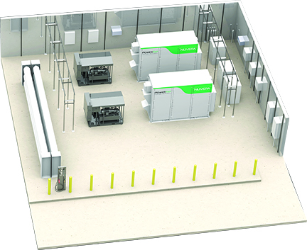 Rendering of a typical outdoor PowerTap pad site. This example measures 51 ft x 56 ft (15.5 m x 17 m), with plenty of room for modular system expansion with a third generator.