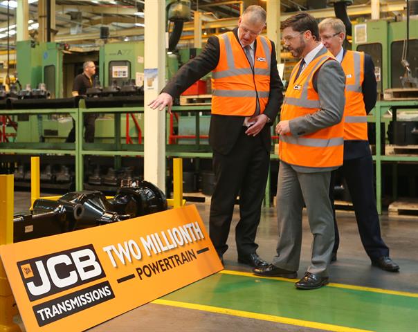 Robert Owen and Malcolm Sandford of JCB Powertrain with Stephen Crabb MP.