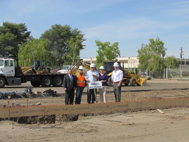 Breaking ground: (From left) Tom Altieri, Midfirst Bank; Matt McPherson, BSI Construction; Don and Mary Carlson, Reliable Forklift Sales; Brian Fracasse, Taylor:Fracasse Architecture