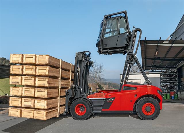 Linde is offering an optional elevating cabin for its heavy forklifts.