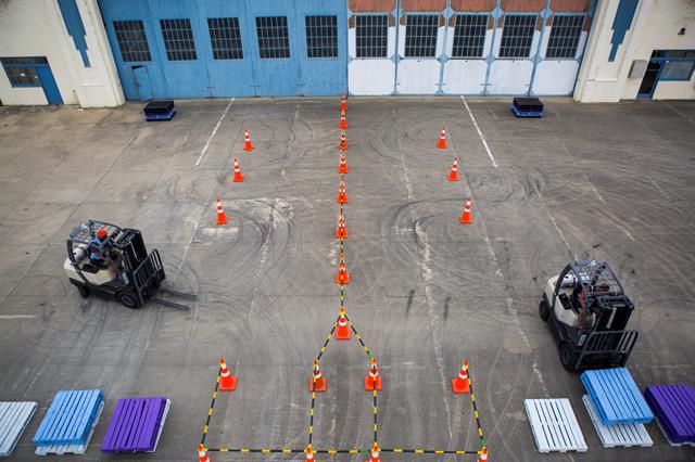 Forklift Shuffle: competitors must select and stack the pallets of their team colours, from a jumbled colour stack