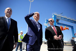 Joe Biden inspects the harbour equipment