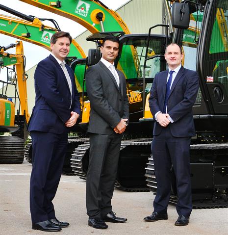 JCB UK and Ireland sales director Dan Thompstone; A-Plant marketing director Asif Latief and Greenshields JCB national accounts director Tom Greenshields.