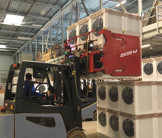 Bolzoni Auramo Carton Clamp in use in a Dutch logistic centre.