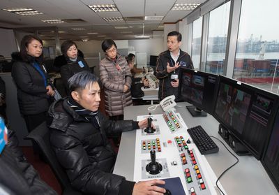 Angela Lee, deputy secretary for transport and housing; Alice Mak, legislative councillor; and Maisie Cheng, director of marine, visit the remote operations centre.