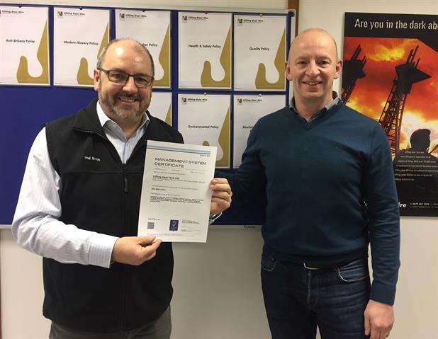 LGH's Phil Smith (left), commercial manager; and Colin Naylor, managing director, with the ISO certificate.