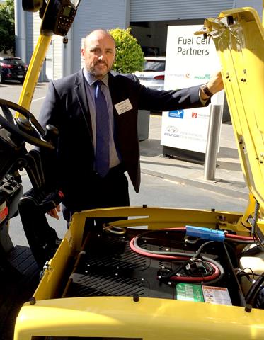 Tony Fagg shows off the new Hyster hydrogen-powered model