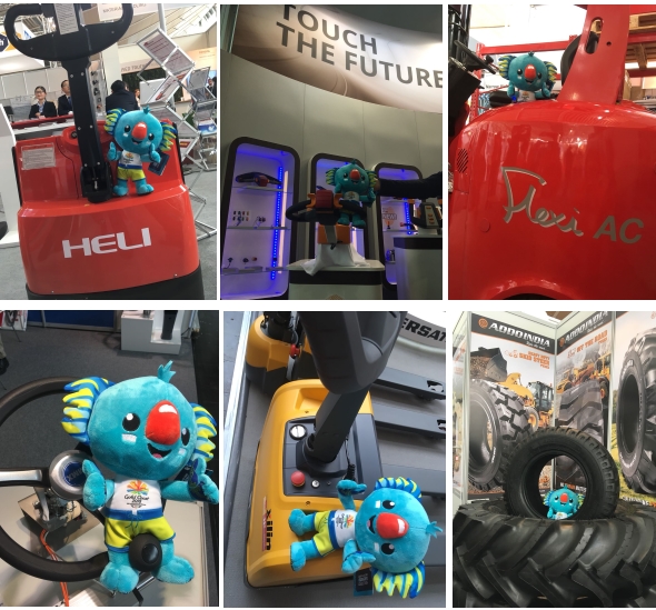 Our mate BOROBI enjoying exhibits from (L to R): Heli, Frei, Narrow Aisle, Addoindia, Ognibene Power & Xilin