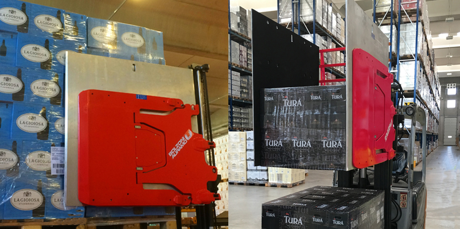 Bolzoni's carton clamp wine box handling in warehouses and logistic centres