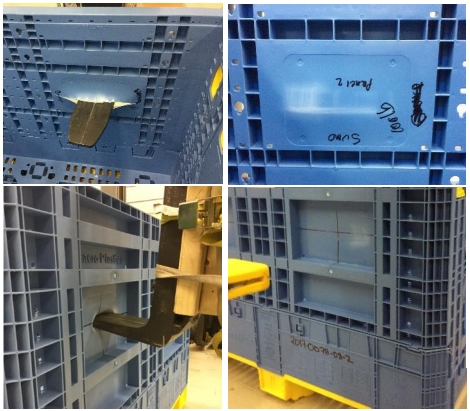 Representative damages of the ISO Bin after the impact with (left) sharp<br />fork tines and (right) using the SUMO gloves protected fork tines.