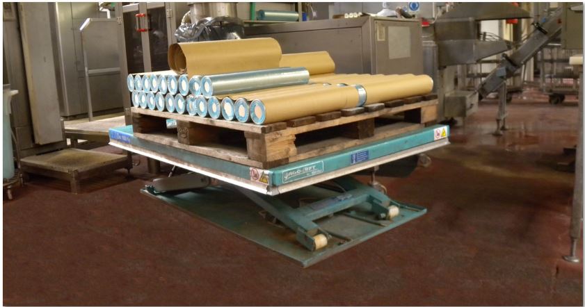 Bolzoni Auramo low profile lift tables used in the final packaging process, in a canned tuna fish plant.