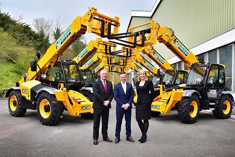 Scot JCB North East Regional Manager Paul Coates, Nixon Hire Managing Director Graham Nixon and JCB Group Managing Director Global Key Accounts Yvette Henshall-Bell.